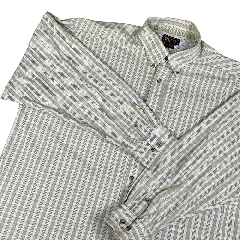 Ariat Mens XXL Button Down Shirt Green Plaid Western Long Sleeve Cotton Blend